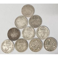 GREAT BRITAIN UK 1876-1935 . THREEPENCE . LOT OF 10 COINS